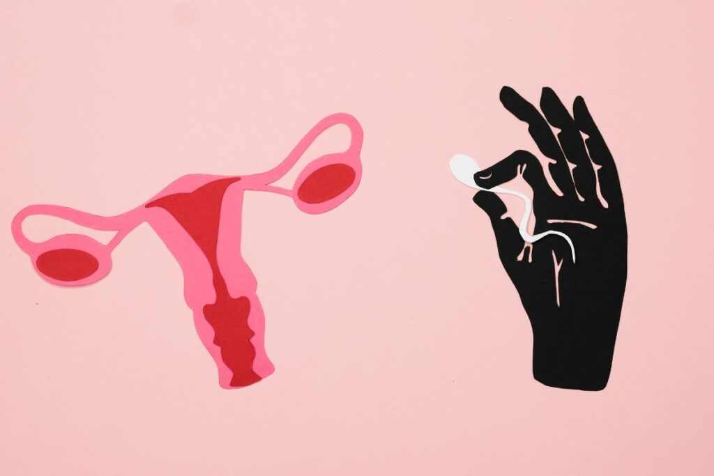 Illustration of a female reproductive organs and a hand holding a sperm.
