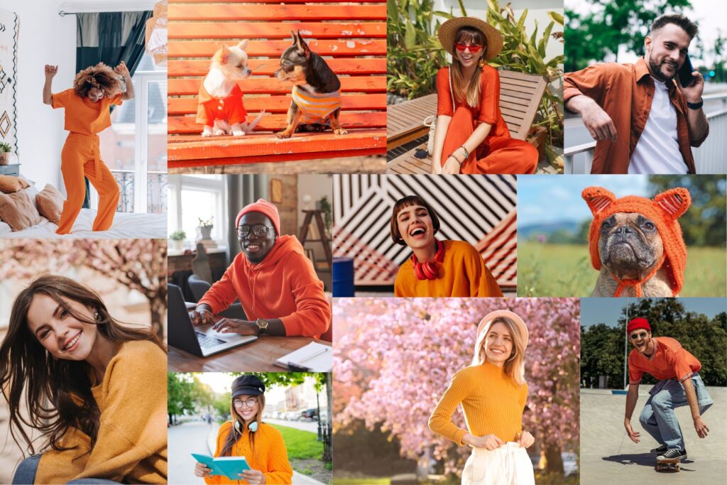 People of different ethnicity and pets wear orange, happy expression